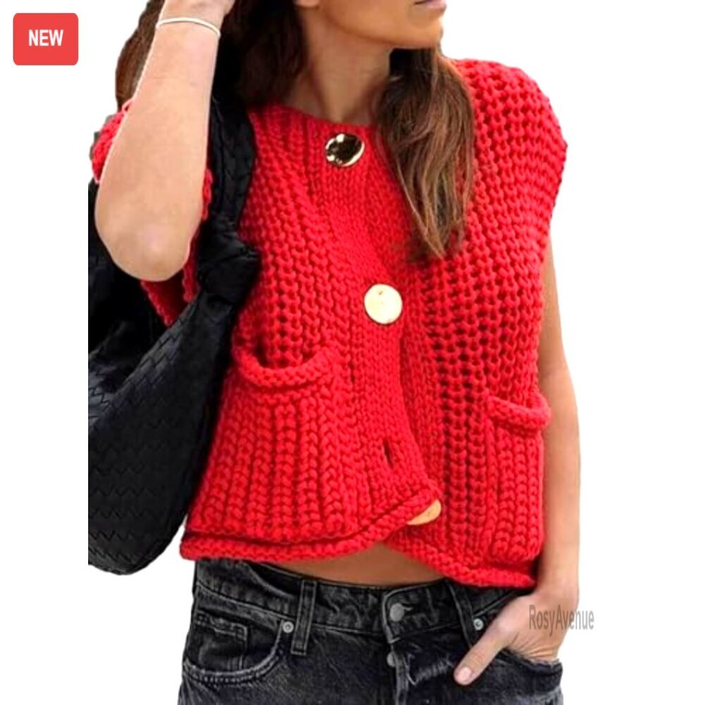 Sleeveless Cropped Knit Cardigan Chunky Crochet Sweater Vest with Pockets - Picture 2 of 7